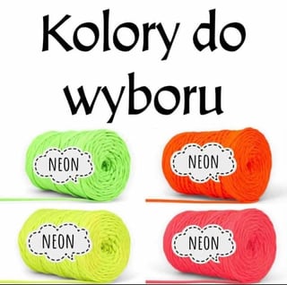 Four neon-colored yarn balls in green, yellow-green, orange, and pink labeled with Neon text and Polish headline Kolory do wyboru meaning Colors to Choose