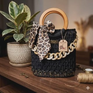 Black quilted handbag with wooden handle, decorated with chain strap and leopard print scarf