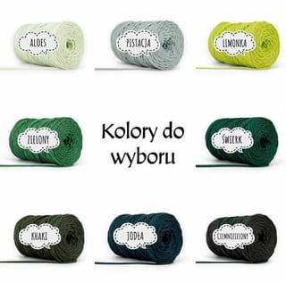 Nine balls of colored yarn in various green shades labeled with Polish color names: Aloes, Pistacja, Limonka, Zielony, Swierk, Khaki, Jodla, and Celadonblue, with title Kolory do wyboru meaning Colors to choose from