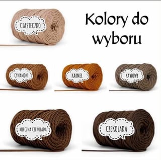 Five yarn balls in brown shades with color labels: Ciasteczko, Cinnamon, Kamel, Kawowy, Mleczna Czekolada, and Czekolada