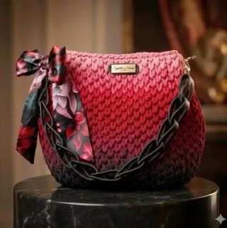 Red quilted handbag with black chain handles and decorative silk scarves
