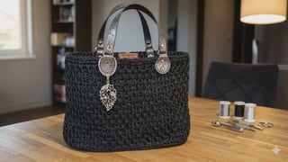 Black textured tote bag with ornate silver handles and charm pendant