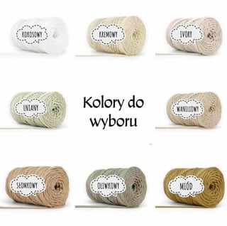 Nine spools of colored yarn arranged in a grid with Polish color names and central text reading Kolory do wyboru (Colors to choose from)