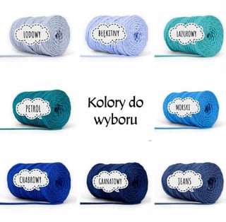 Eight colorful yarn balls with Polish color names including Lodowny, Blekitny, Lazurowy, Petrol, Morski, Chabrowy, and Grafitowy displayed in a grid layout with text Kolory do wyboru in the center