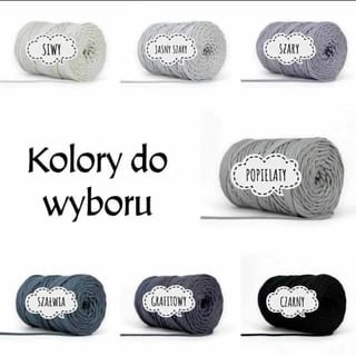 Color selection guide showing seven spools of yarn in different shades from light gray to black with Polish color names labeled