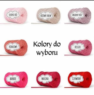 Nine colorful yarn balls displayed in a 3x3 grid showing different color options labeled in Polish with text Kolory do wyboru meaning Colors to choose from