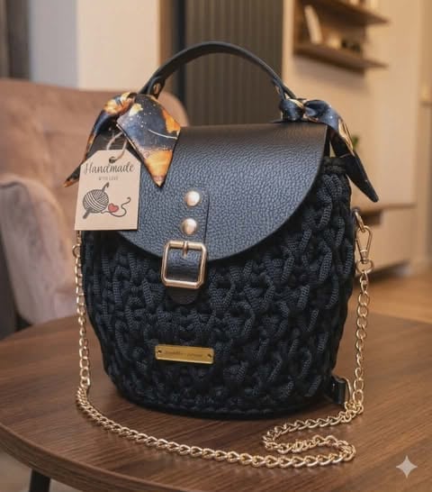 Black quilted handbag with blue leather top flap, chain strap, and handmade tag on wooden surface