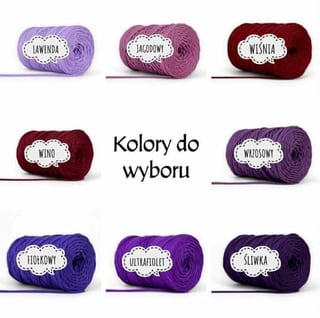 Eight spools of yarn in various purple and burgundy shades with Polish color names labeled on each ball
