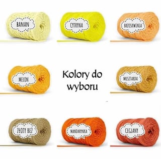Eight rolls of yarn in various colors with Polish color names: banan, cytryna, budowlanita, melon, mustardia, zloty bel, mandarynia, and ceglany, with text Kolory do wyboru in center